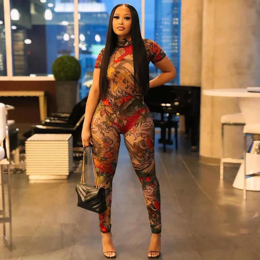 Aesthetic Mesh Backless Jumpsuit Red
