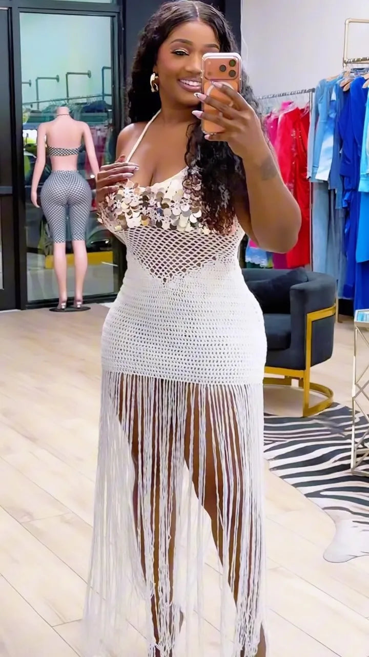 Sequined Knitted Fringe Maxi Dress