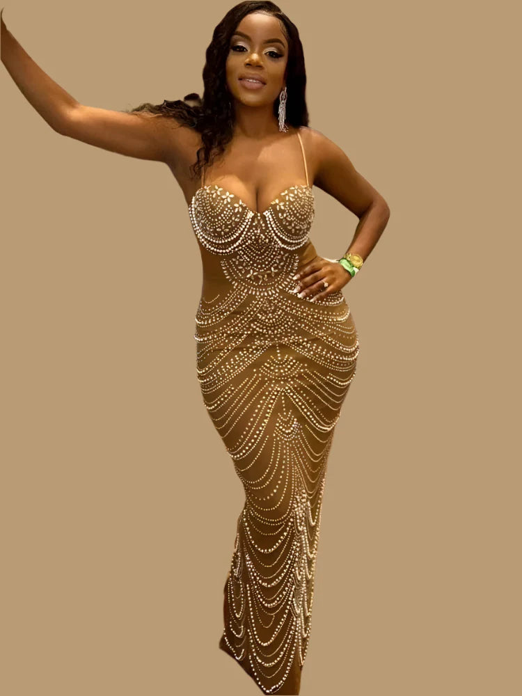 A Pearl Rhinestone Maxi Dress Apricot