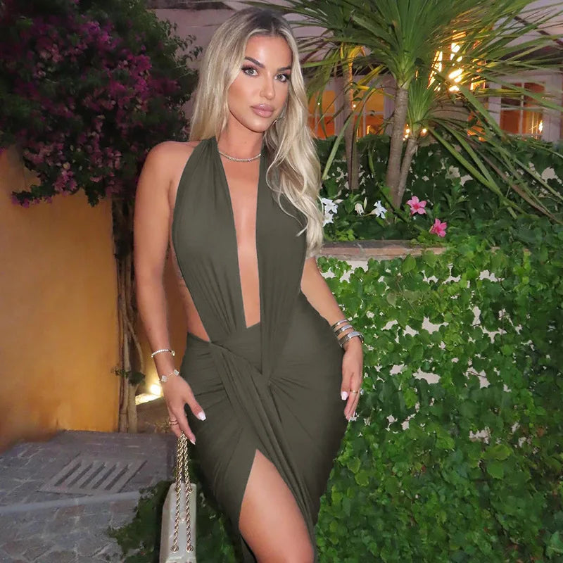 Lyla Ruched V-Neck Backless Dress