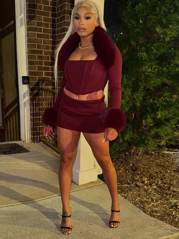 Shawl Fur Skirt Set