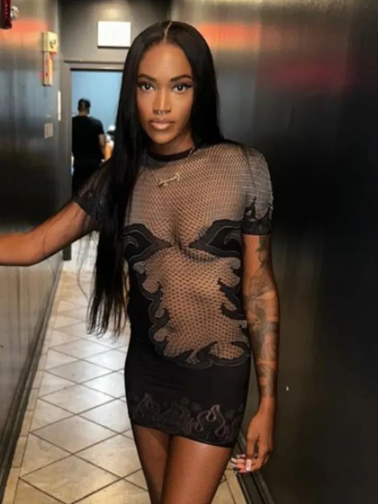 Flaming Hot Mesh Mini Dress Black One Size