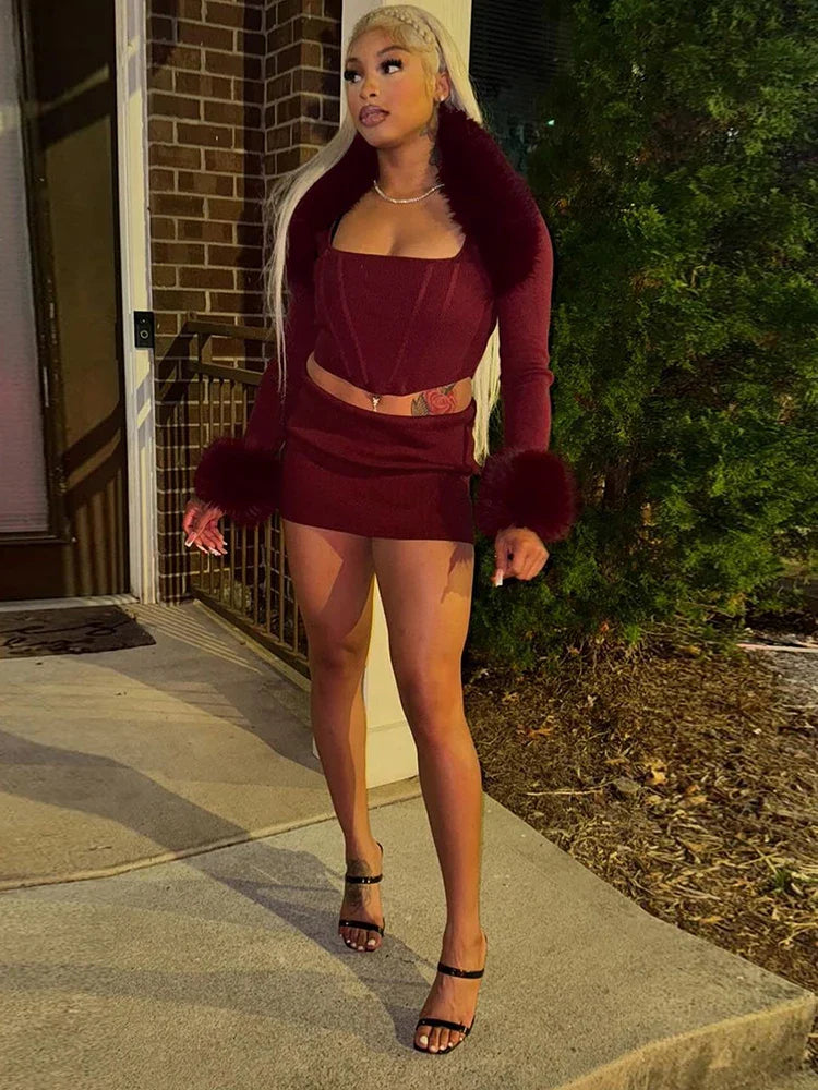 Shawl Fur Skirt Set