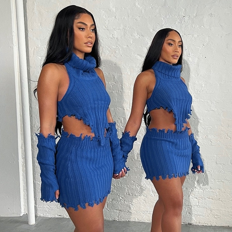 Knit Ribbed Vacation Set With Gloves Blue