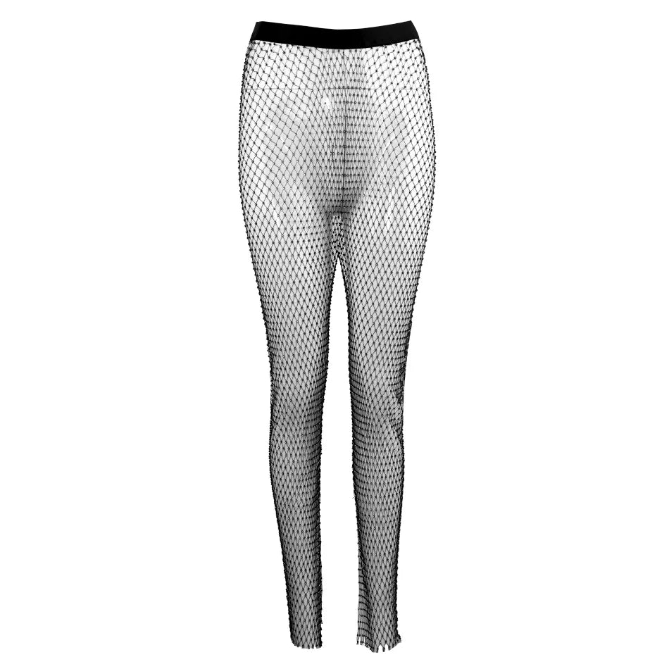 Sparkle Fishnet Rhinestone Trouser Black Straight-Legs