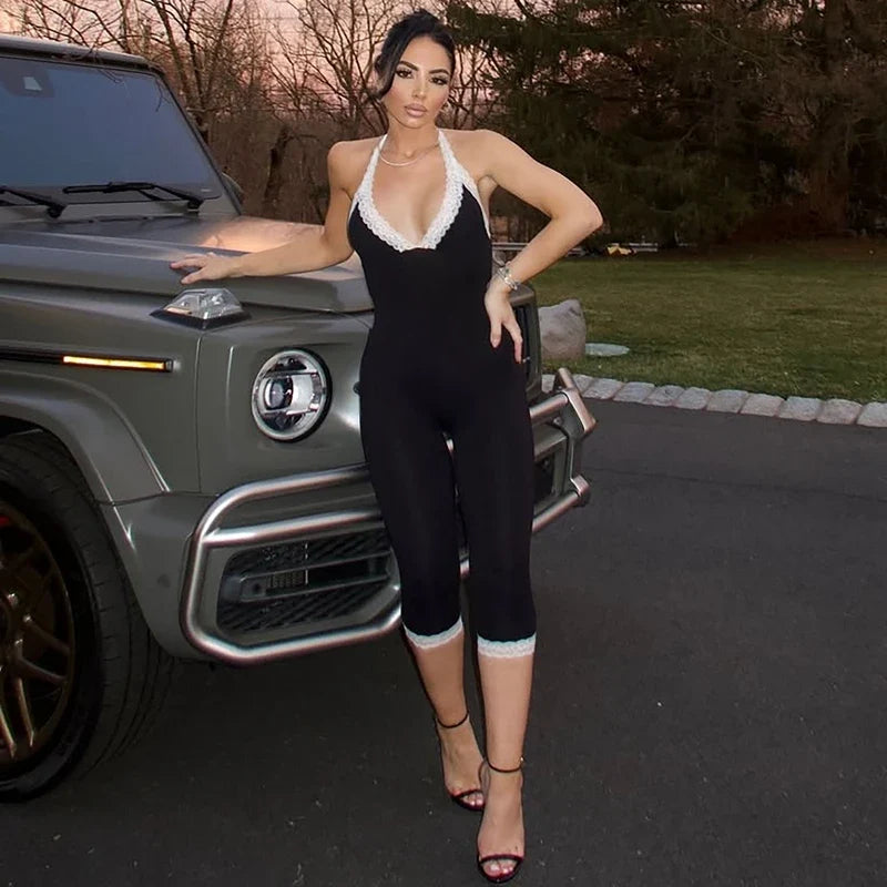 Midnight Lace Trim Capri Jumpsuit