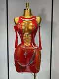 Pearl Chain Mini Dress Red