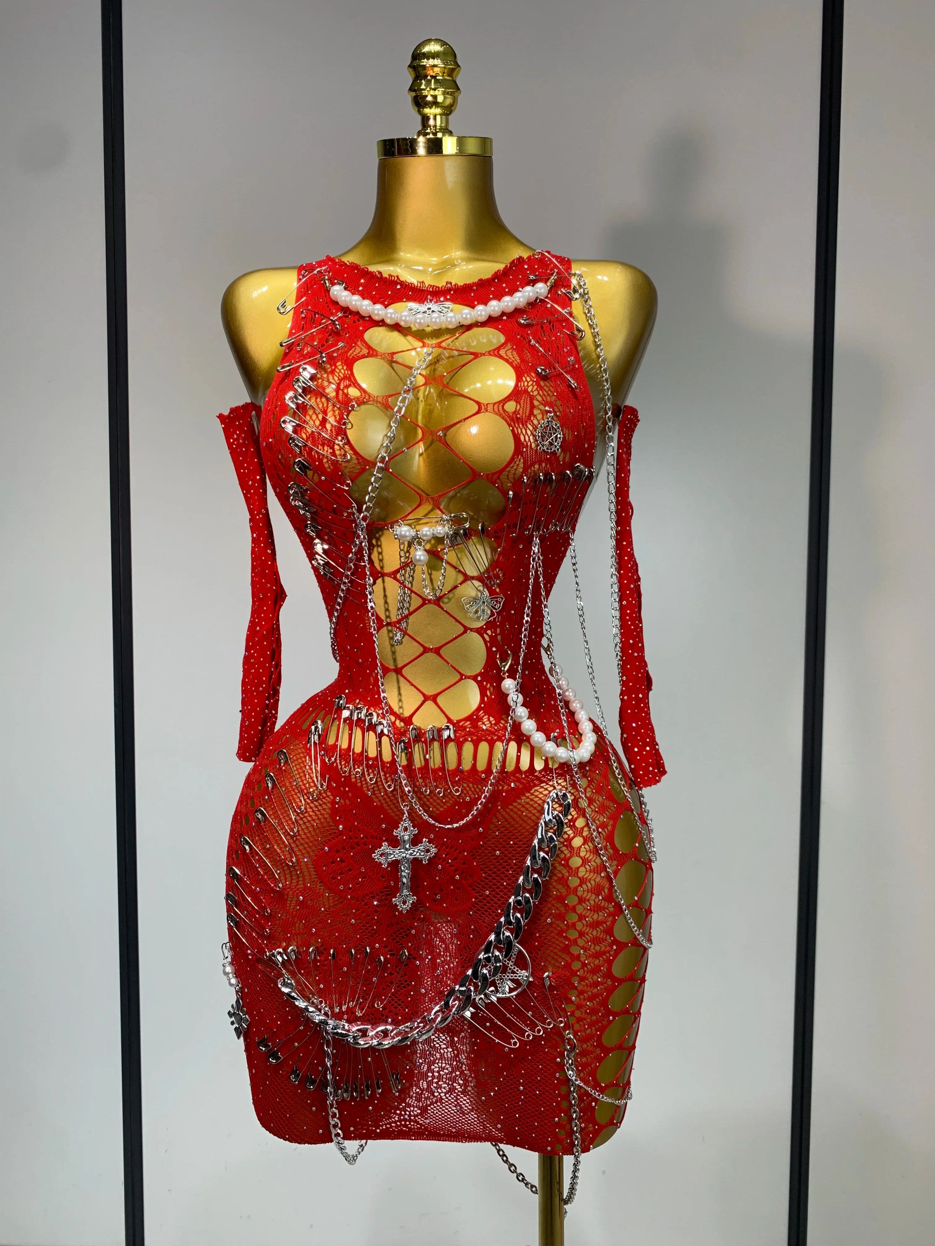 Pearl Chain Mini Dress Red
