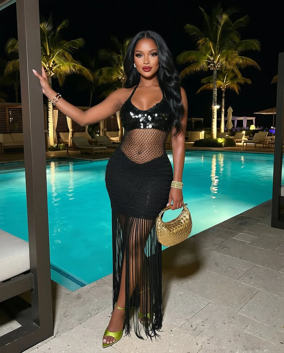 Sequined Knitted Fringe Maxi Dress
