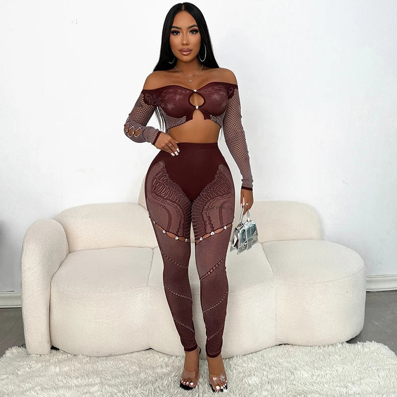 Off-Shoulder Long Sleeve Mesh Set Brown