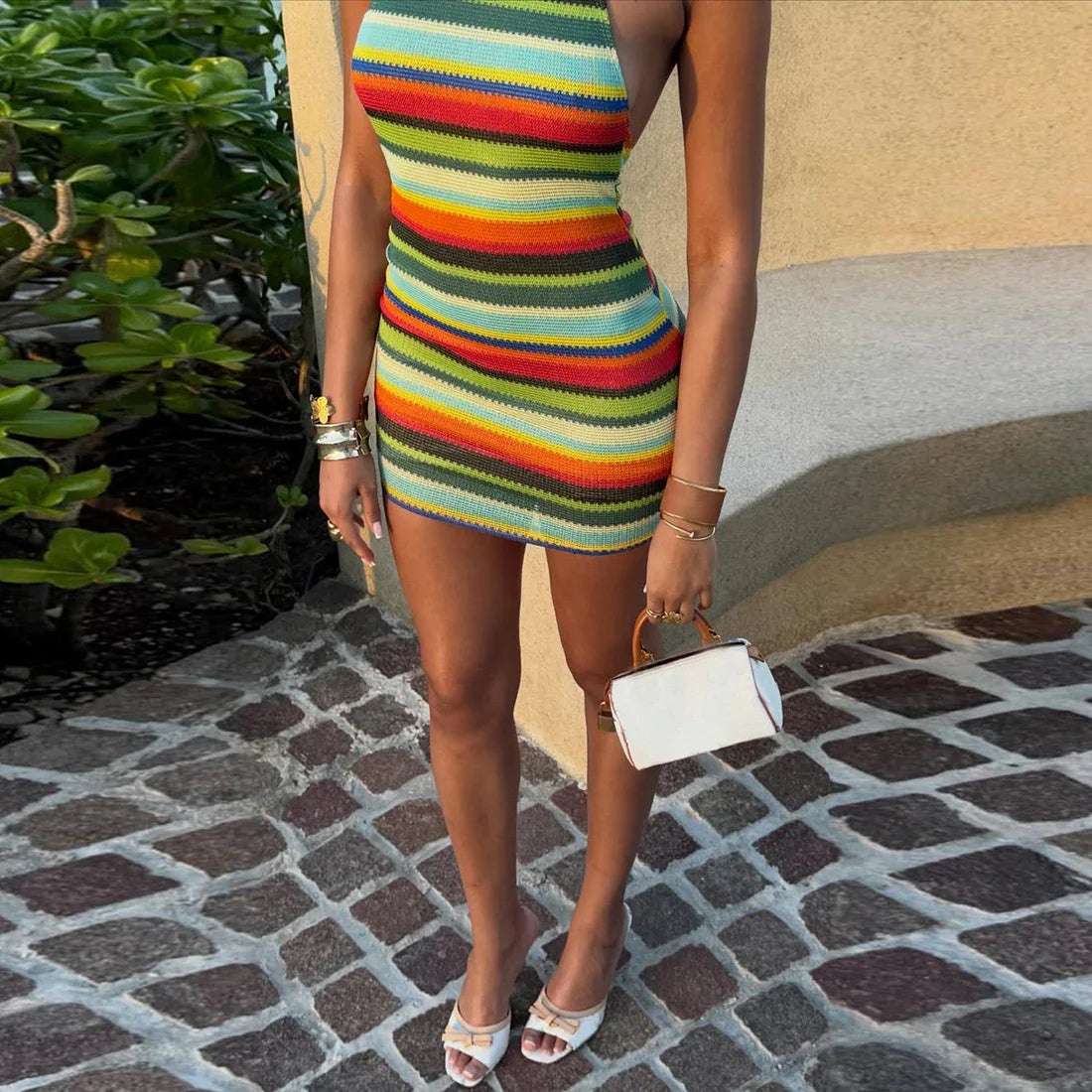 Striped Halter Knitted Mini Dress