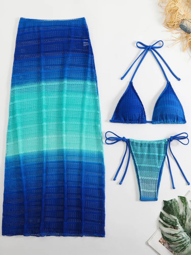 Gradient Mesh Skirt Bikini Set Blue