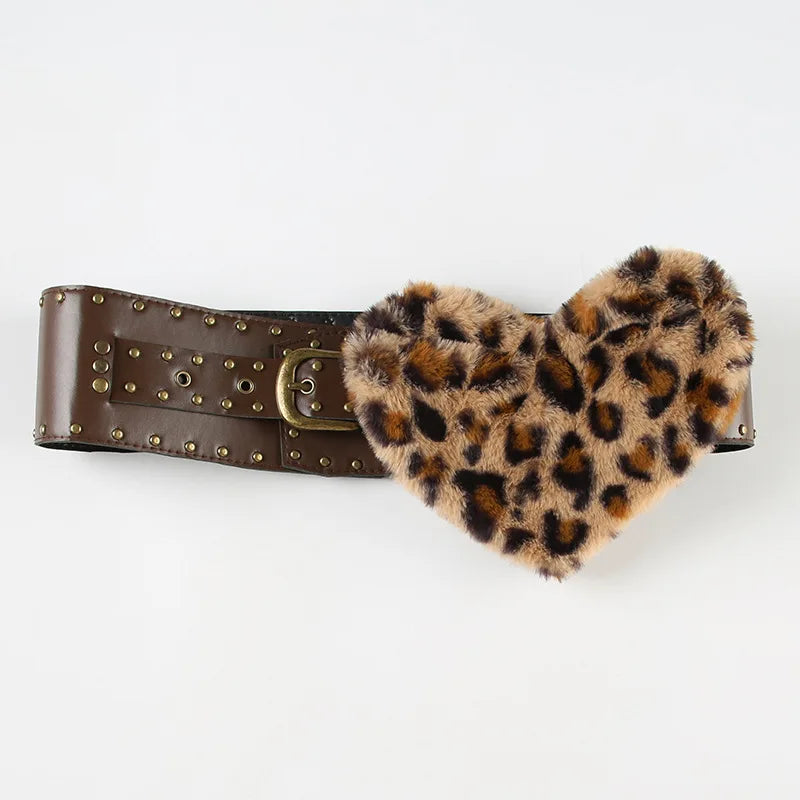 Leopard Fur Heart Leather Buckle Belt