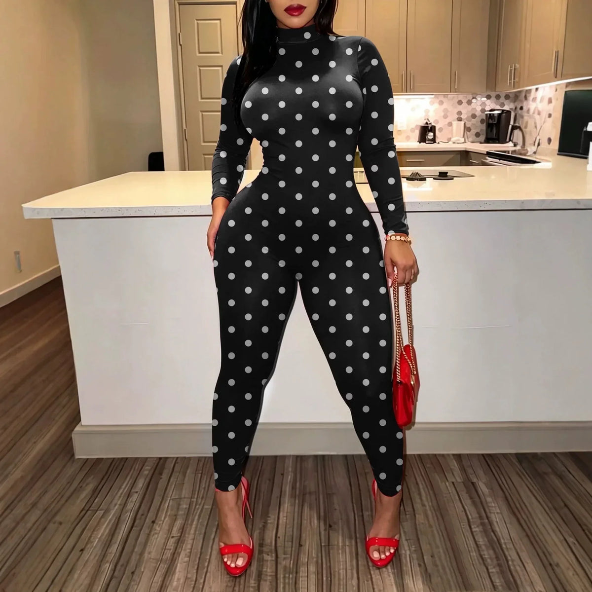 Retro Polka Dot Mock Neck Jumpsuit
