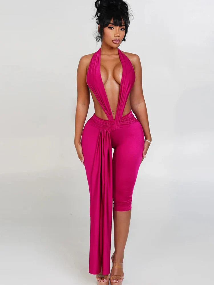 Ribbon Backless Romper Rose Red