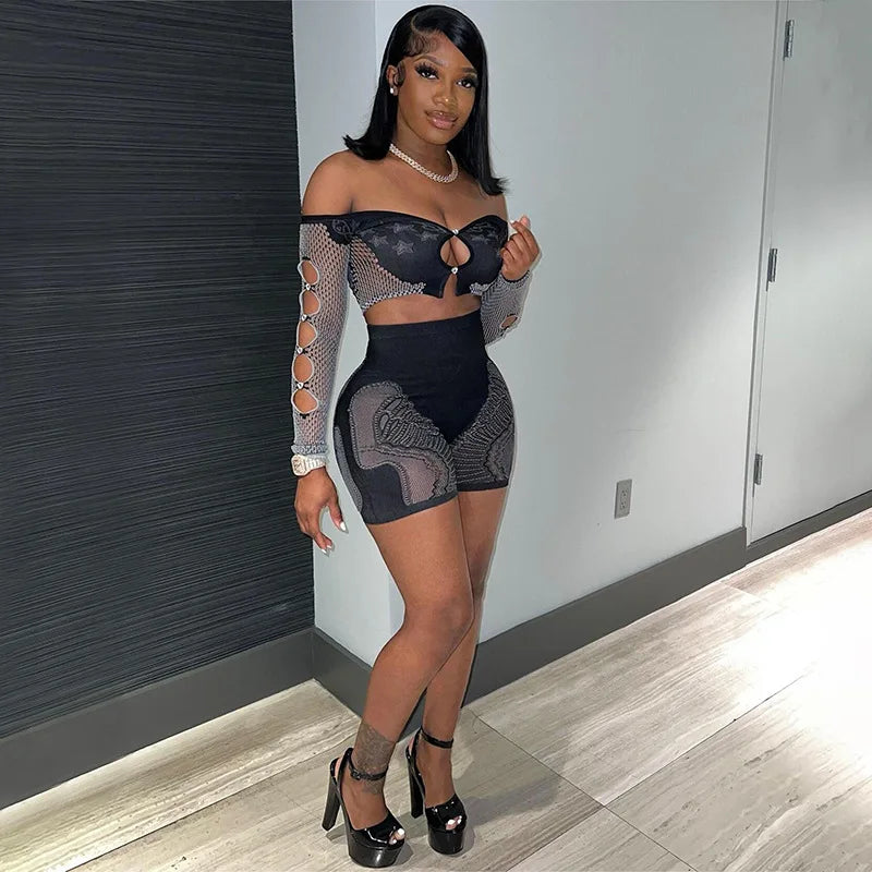 Mesh Long Sleeve Top & Shorts Set black