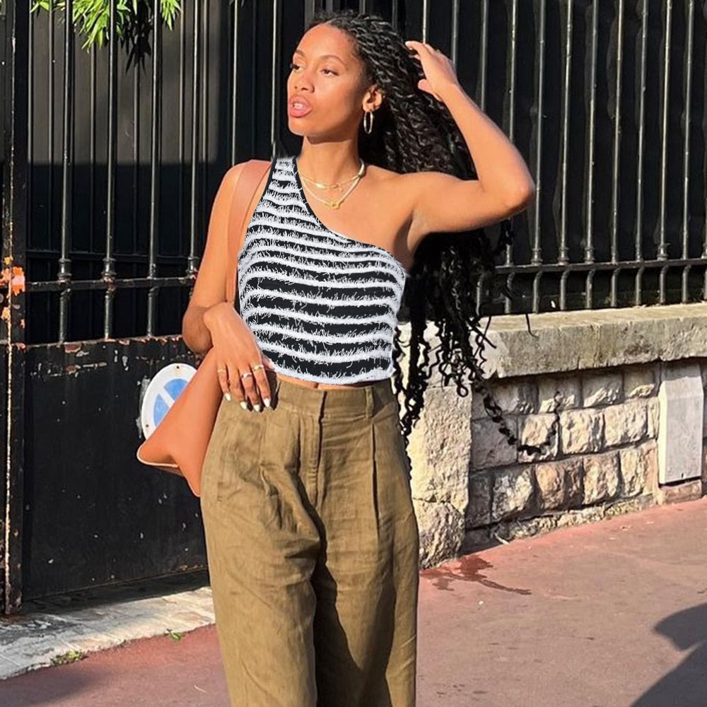 Fuzzy Striped Crop Top One Shoulder