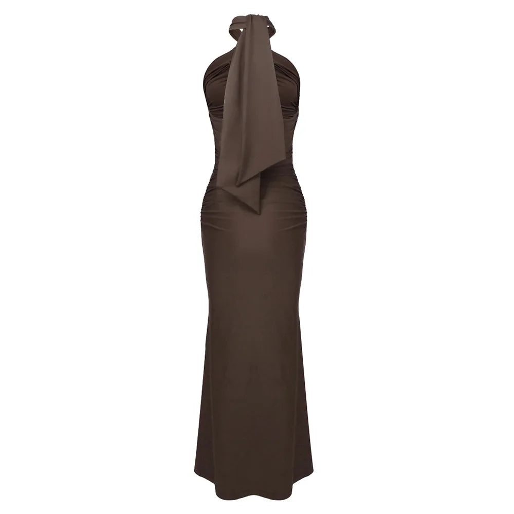 Brown Ruched Maxi Dress