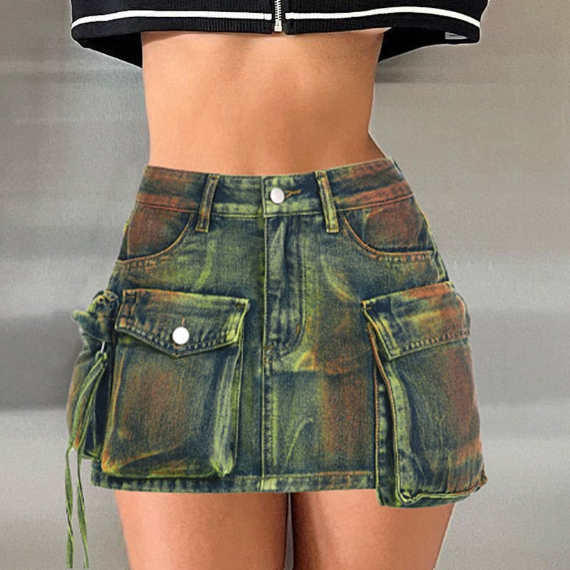 Asymmetrical Pockets Denim Skirt Green