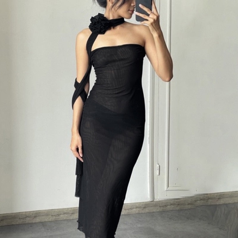 Flower Scarf Strapless Elegant Dress Black