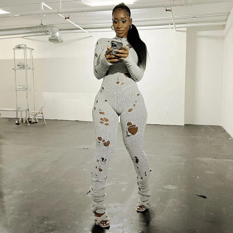 Hollow Ripped Knitted Jumpsuit Gray