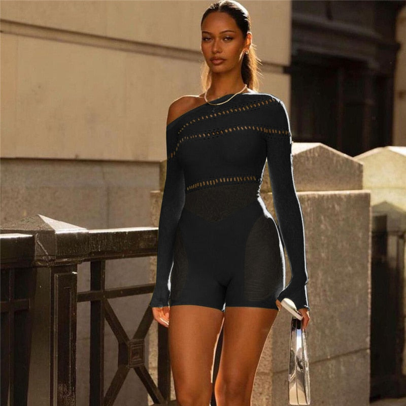 Sexy Inclined Shoulder Midnight Romper Black One Size