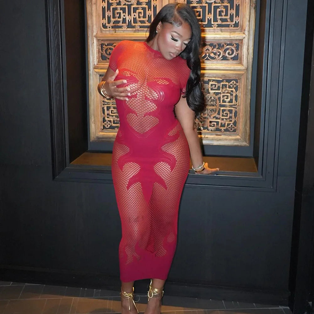 Flame Print Mesh Bodycon Dress Red One Size