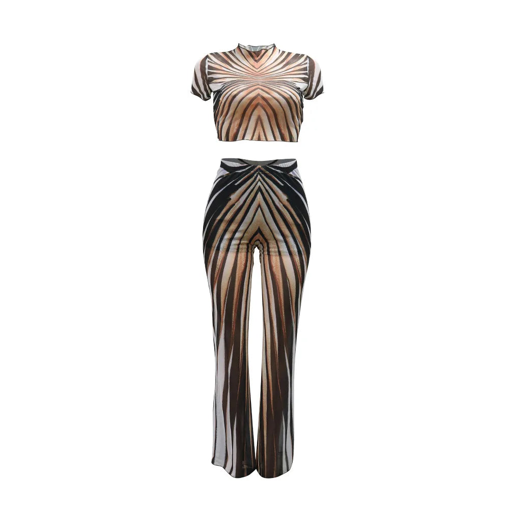 Loanda Sheer Mesh Flare Pants Set Apricot