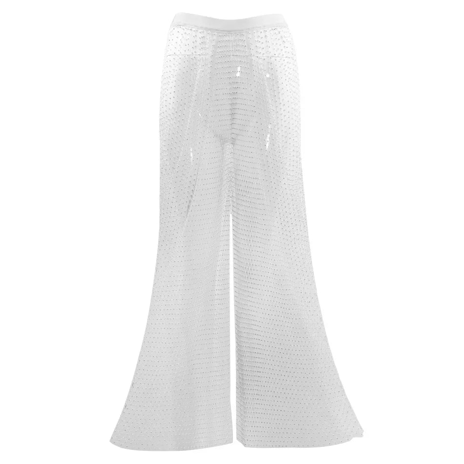 Sparkle Fishnet Rhinestone Trouser White Wide-Legs