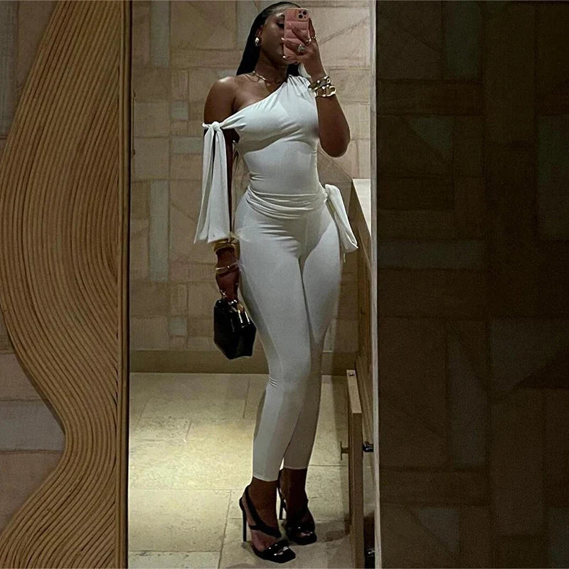Elegant Bow One Shoulder Set White