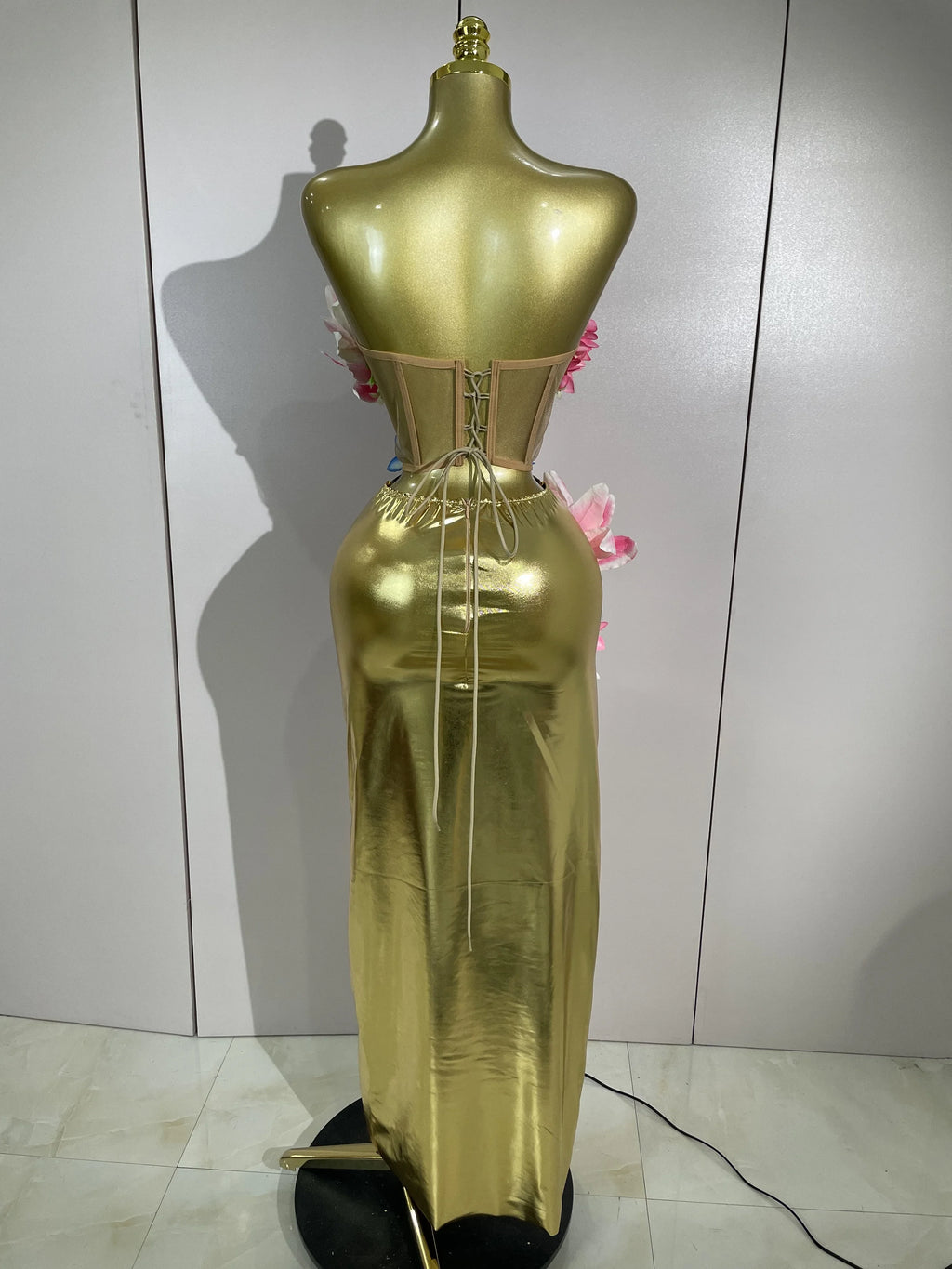 3D Flower Golden Skirt Set