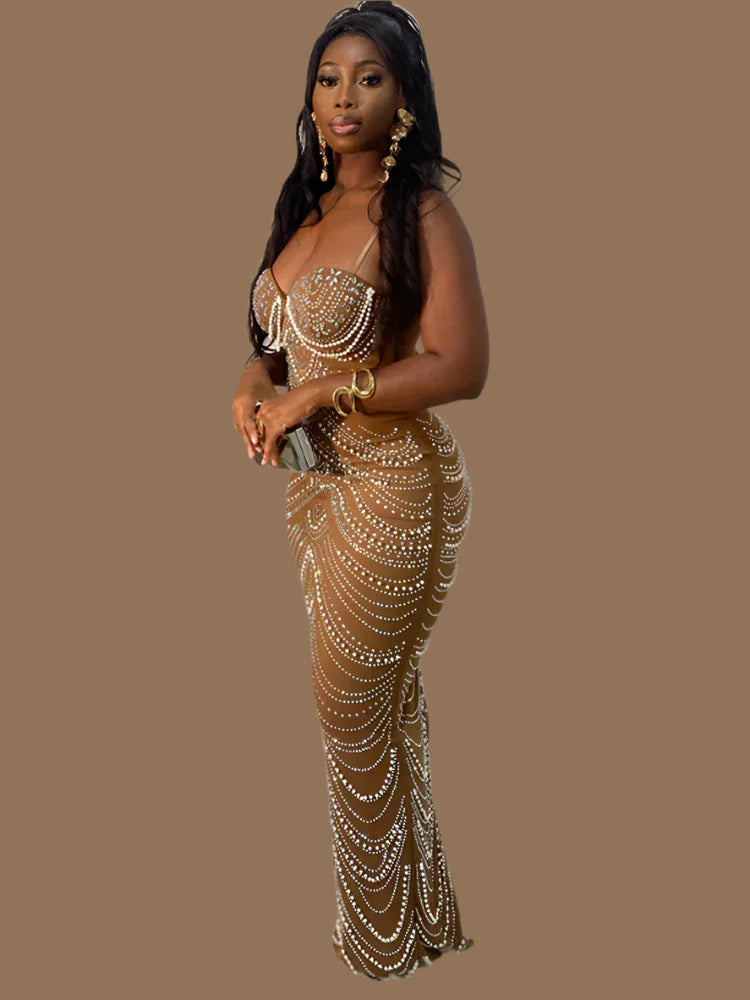 A Pearl Rhinestone Maxi Dress