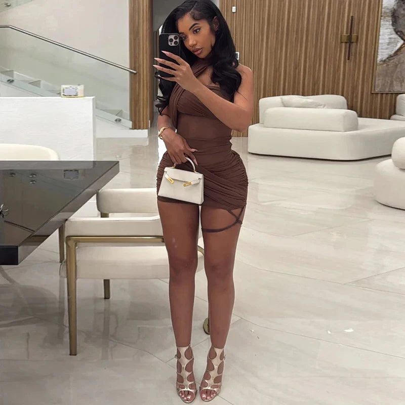 Mesh Wrap Halter Mini Dress Brown
