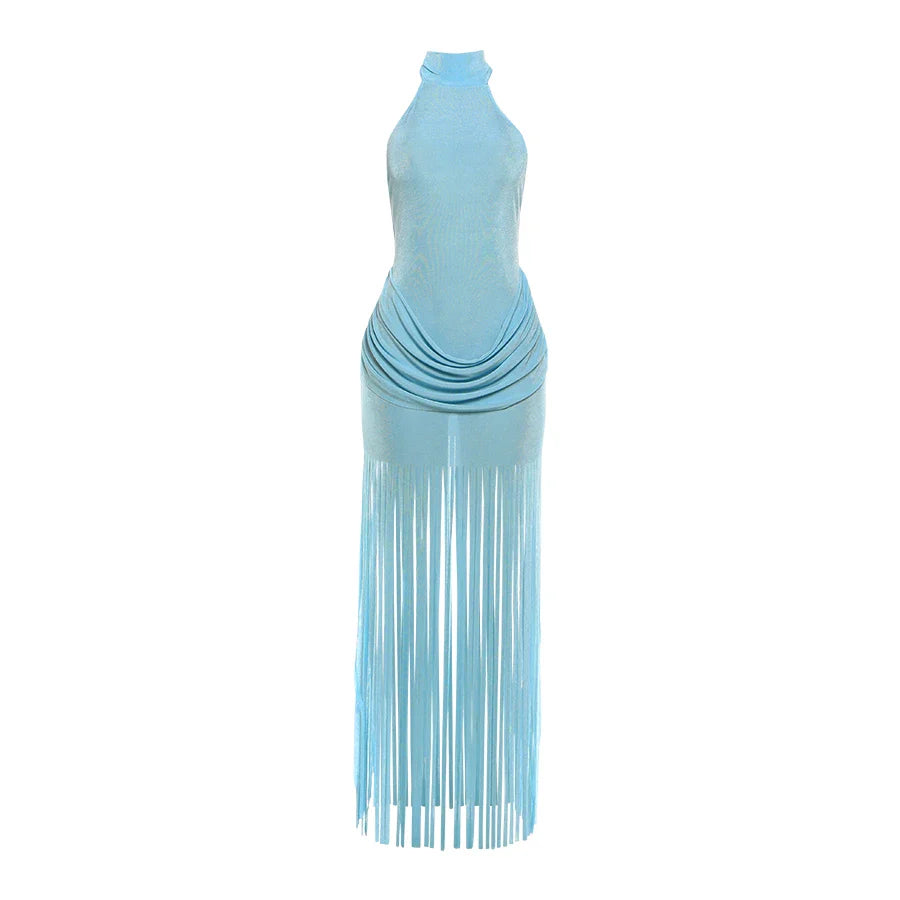 Velvet Ruched Tassel Backless Dress Light Blue
