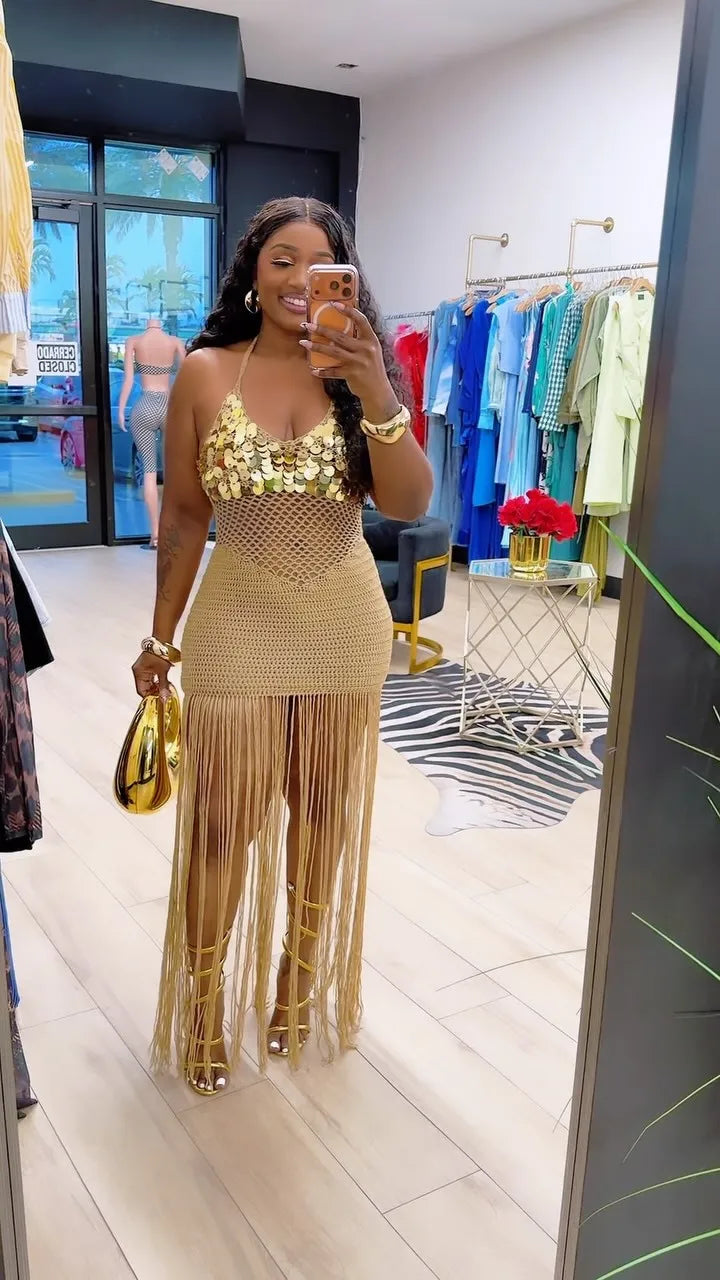 Sequined Knitted Fringe Maxi Dress