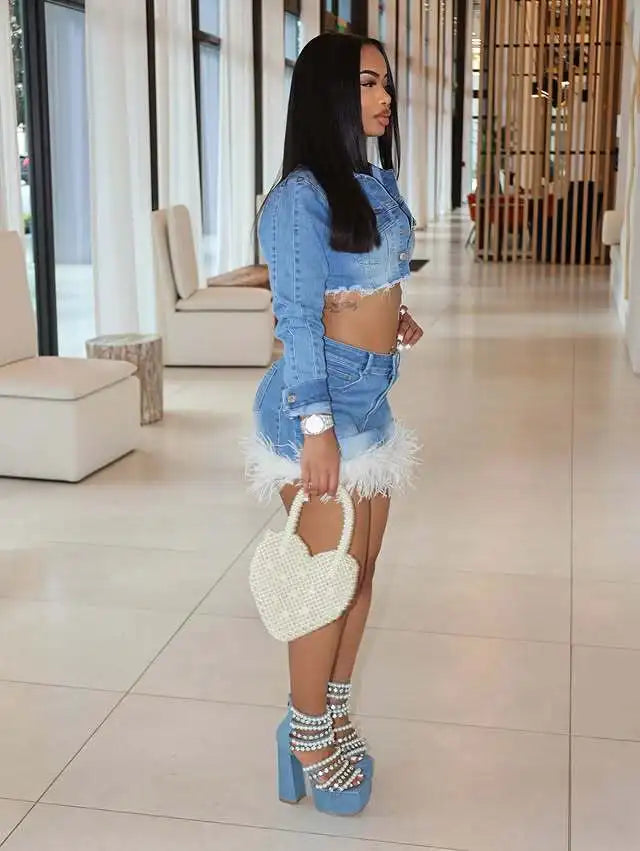 Lusa Denim Feather Skirt Set