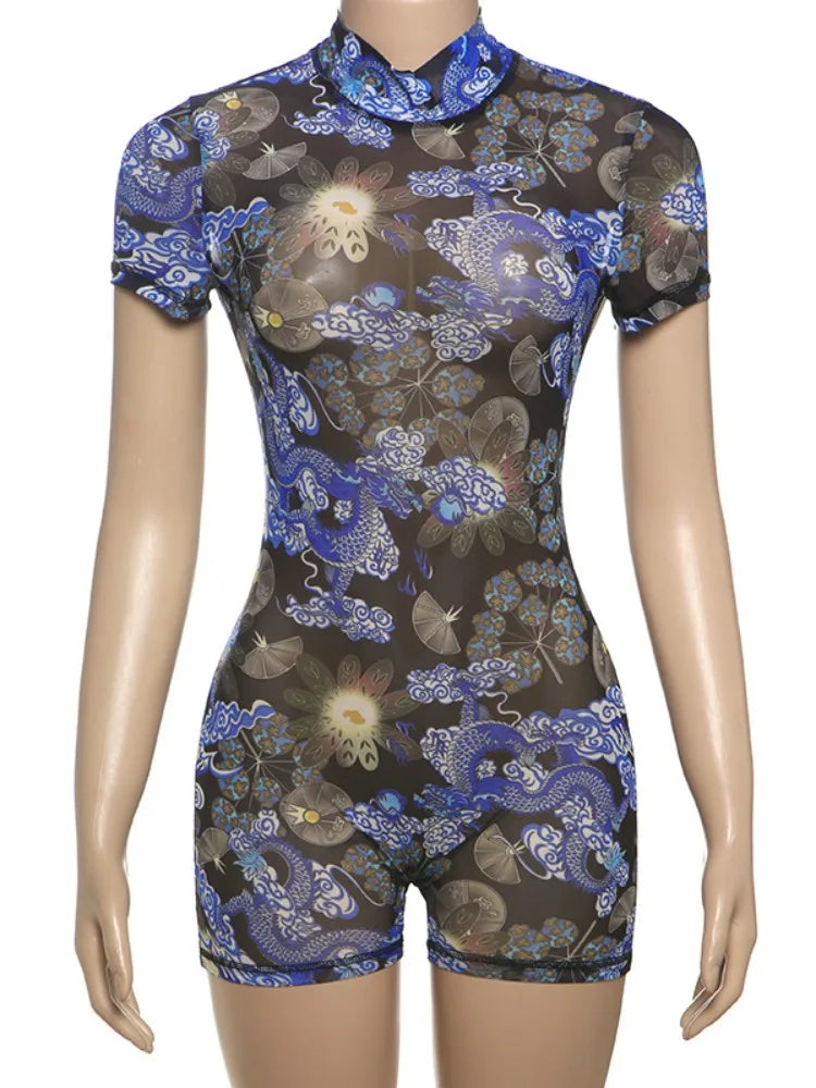 Lorine Mesh Backless Romper Blue
