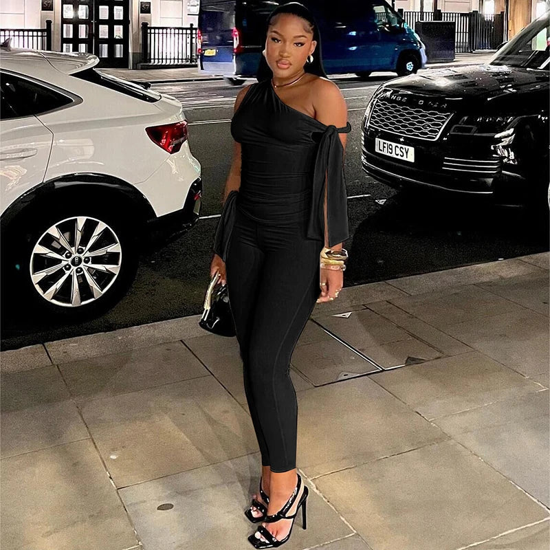 Elegant Bow One Shoulder Set Black