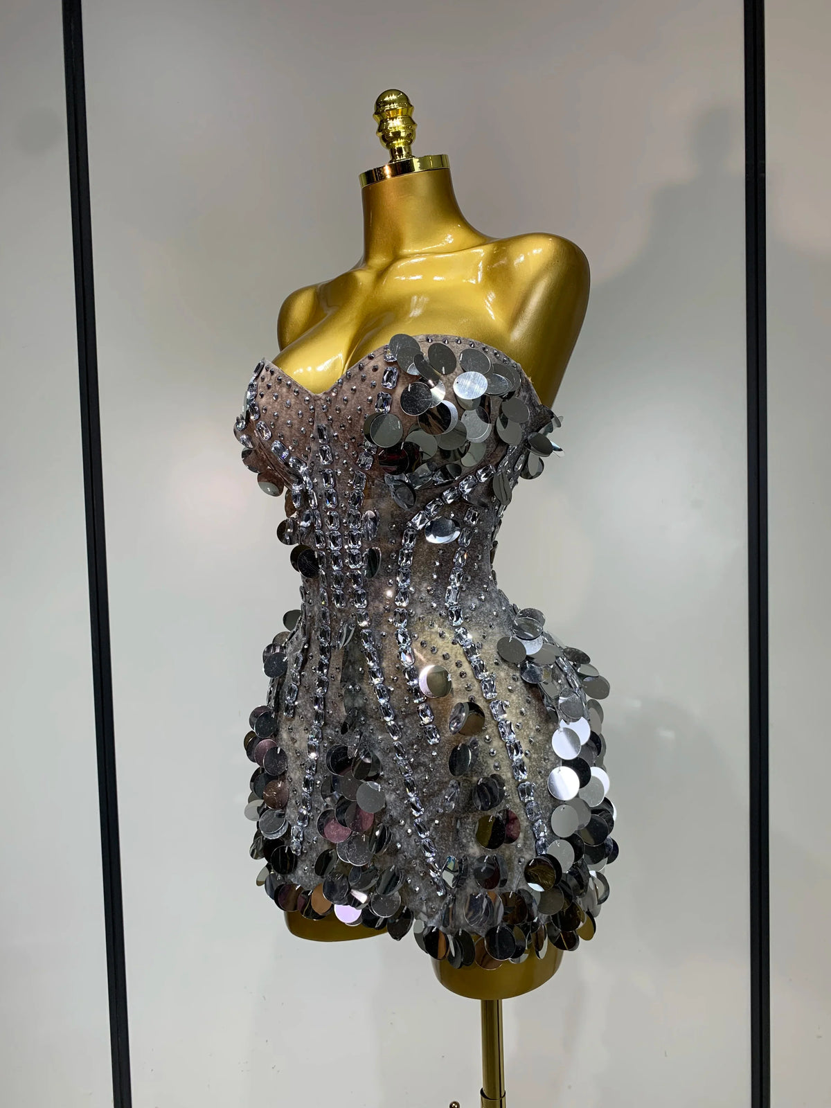 Silver Rhinestone Sequins Mini Dress