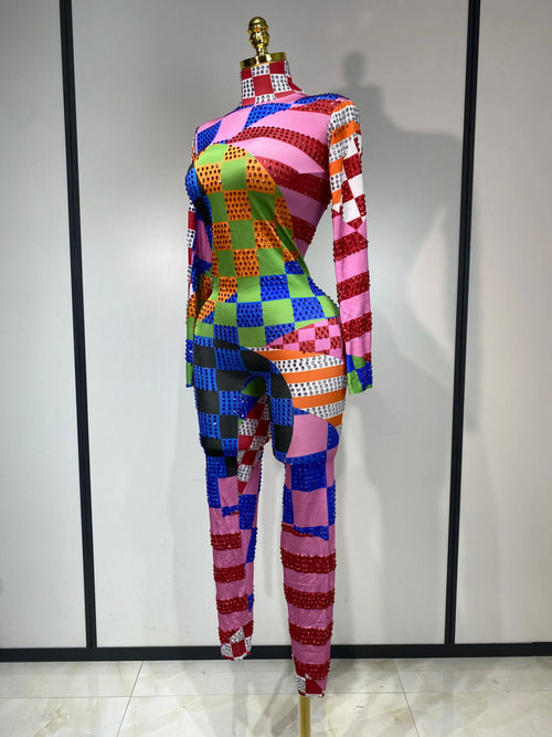 Colorful Print Rhinestone Jumpsuit