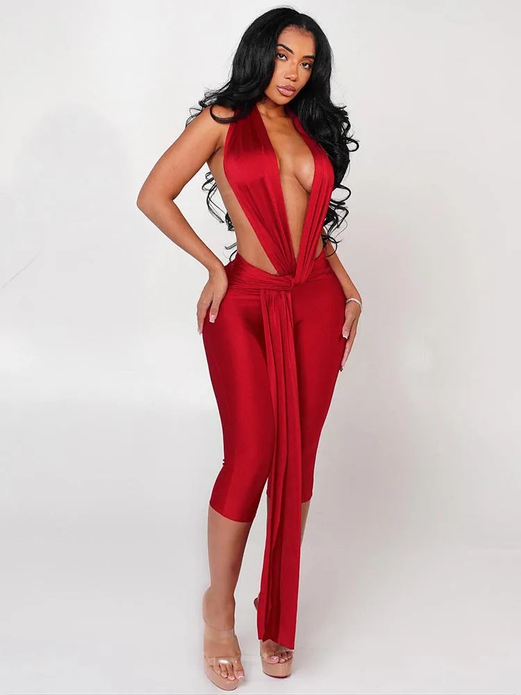Ribbon Backless Romper Red