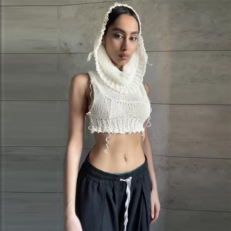 Knit Hooded Wild Tank Top White