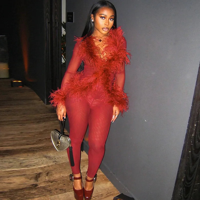 Fluffy Feather Mesh Pants Set