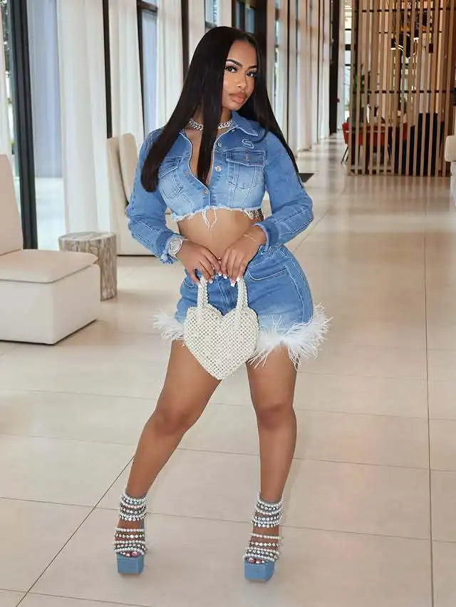 Lusa Denim Feather Skirt Set