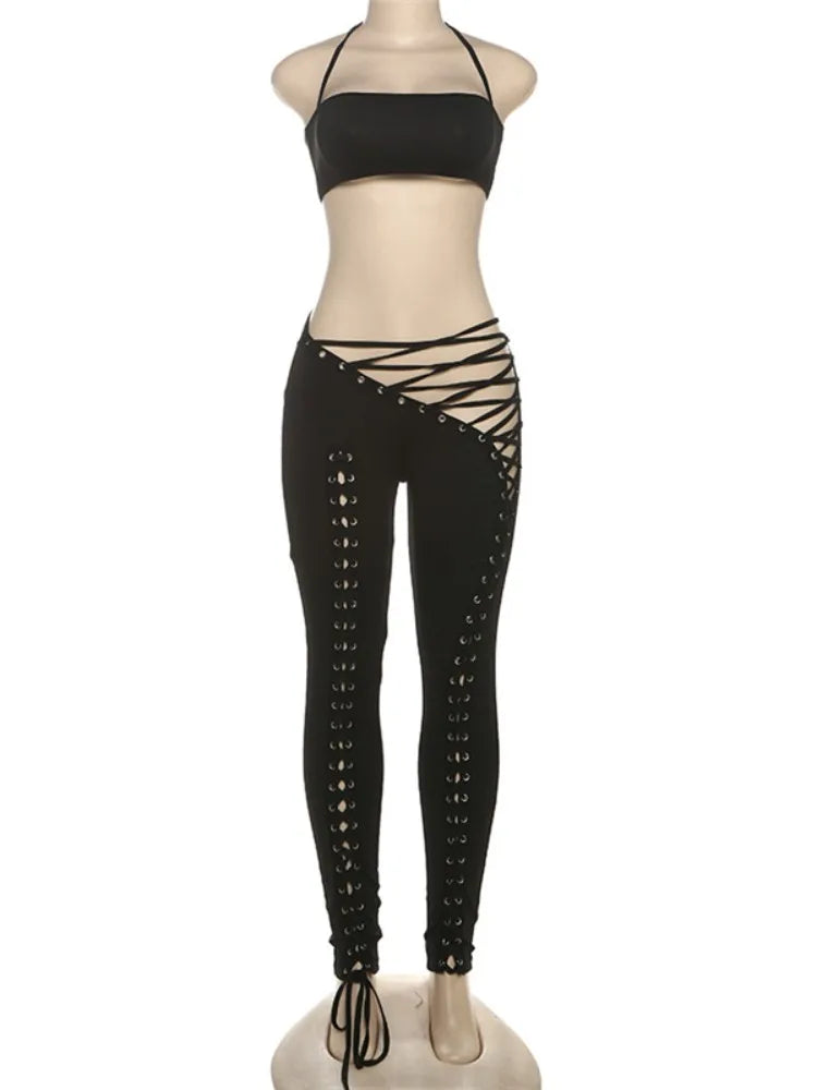 Iris Lace Up Pants Set Black
