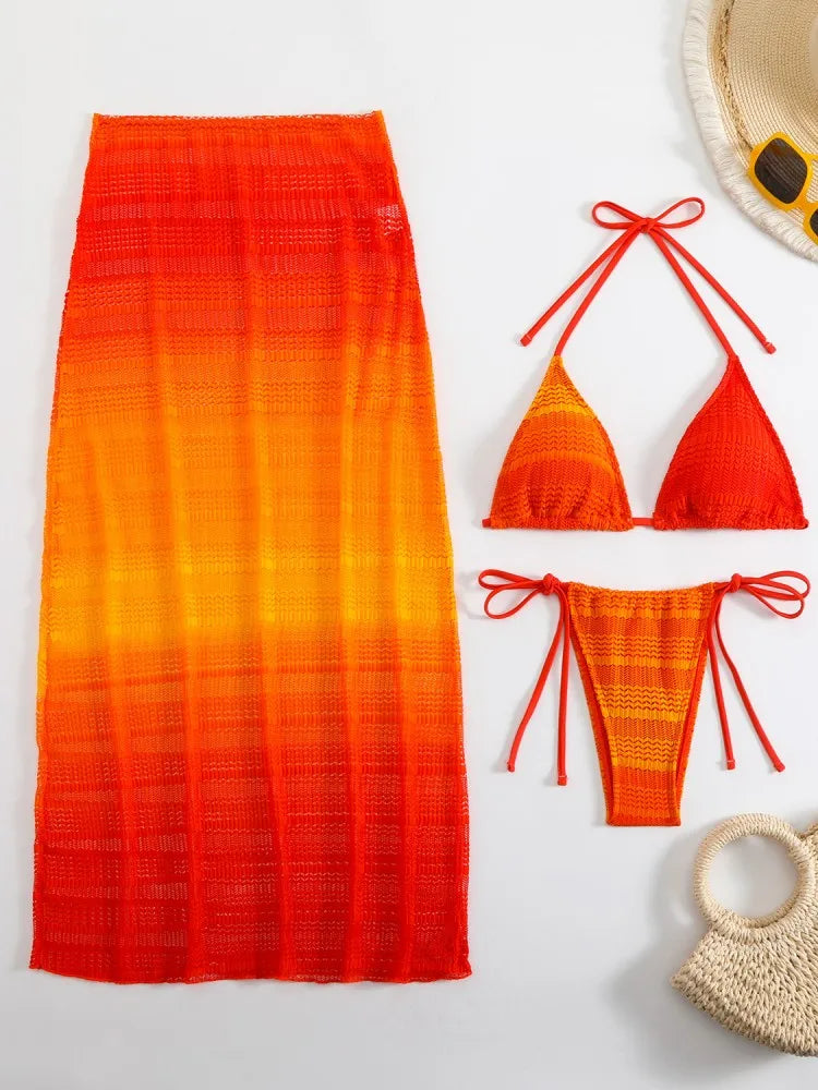 Gradient Mesh Skirt Bikini Set Orangered