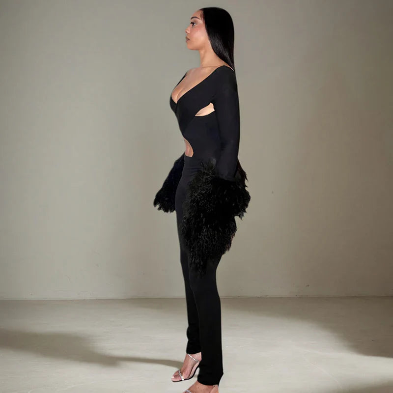 Faux Fur Bell Sleeve Jumpsuit