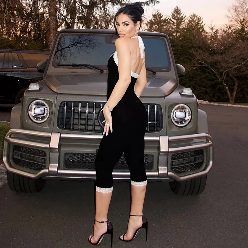 Midnight Lace Trim Capri Jumpsuit