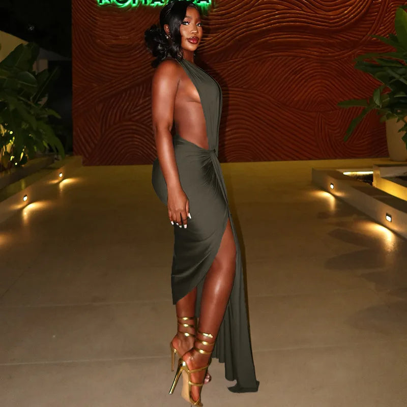 Lyla Ruched V-Neck Backless Dress