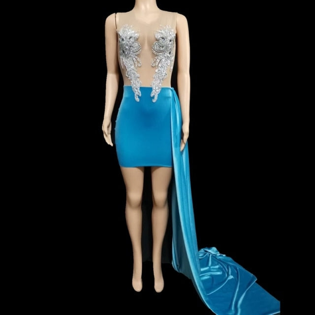 Sparkly Rhinestones Mesh Dress Blue